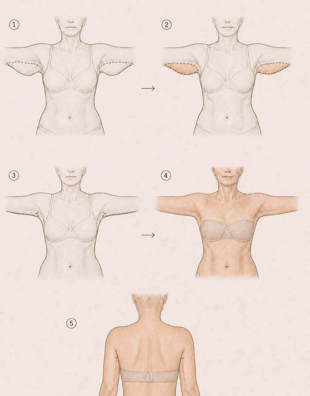 Brachioplasty step-by-step illustration: incision markings, tissue removal, closure, and final result