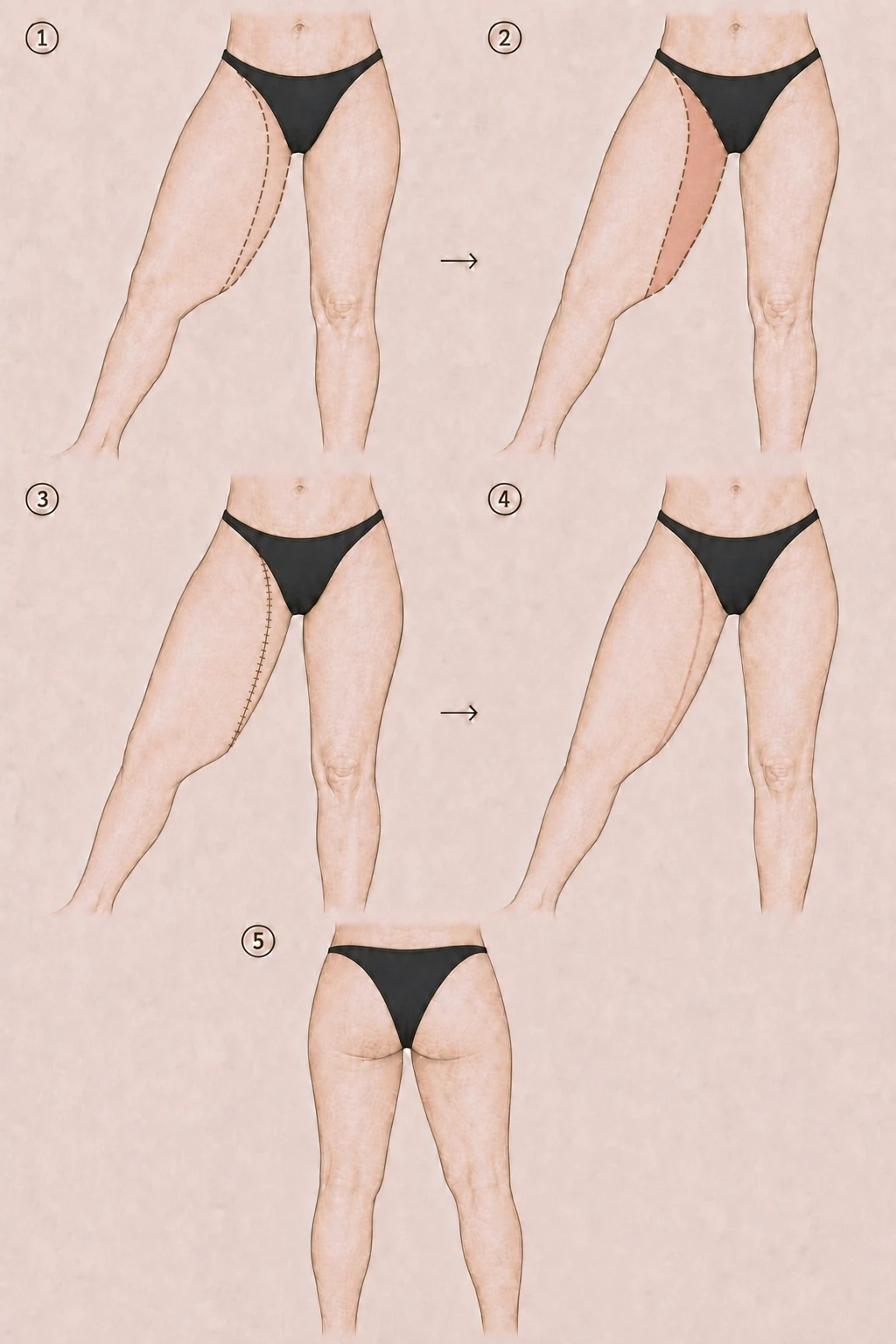 Medial thigh lift step-by-step illustration: incision markings, tissue removal, closure, and final result