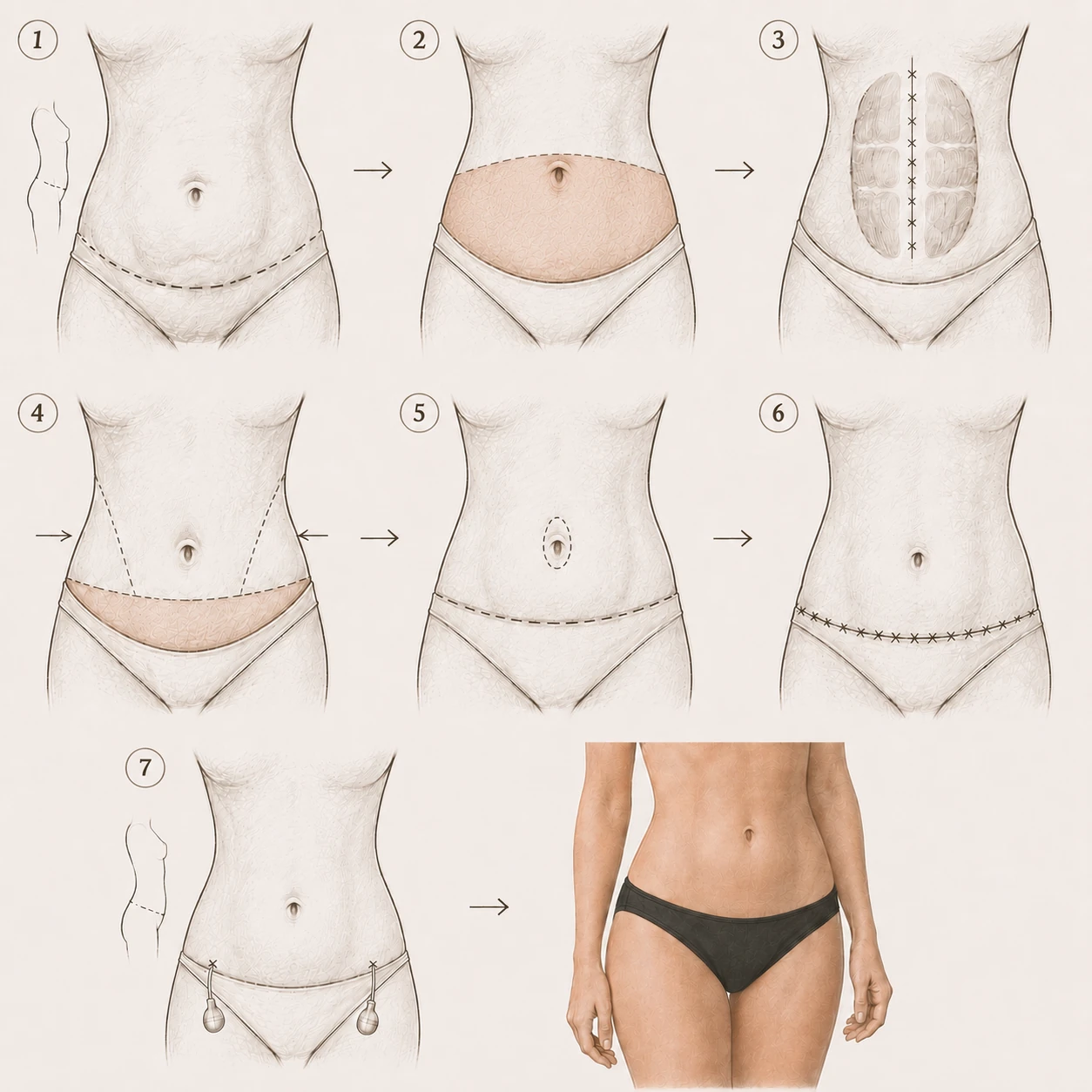 Tummy tuck step-by-step illustration: pre-operative markings, tissue removal, muscle repair, closure, and final result